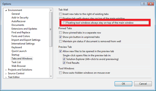 Zrušte zaškrtnutí políčka plovoucích oken nástrojů na alt+TAB mezi sadou Visual Studio a neukotveným oknem Kontrola stránky.