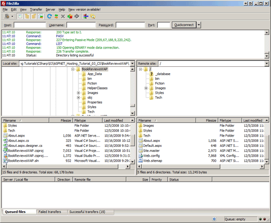 Snímek obrazovky klienta FileZilla FTP, který ukazuje, že některé soubory zdrojového kódu ASP dot Net nebyly zkopírovány na vzdálený server.