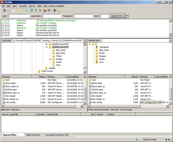 Snímek obrazovky s oknem klienta FileZilla FTP, které ukazuje, že soubory zdrojového kódu ASP dot Net se úspěšně nahrály na server