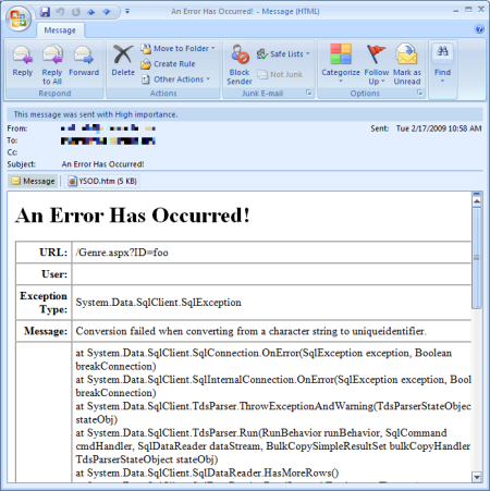 Snímek obrazovky znázorňující e-mail odeslaný vývojáři