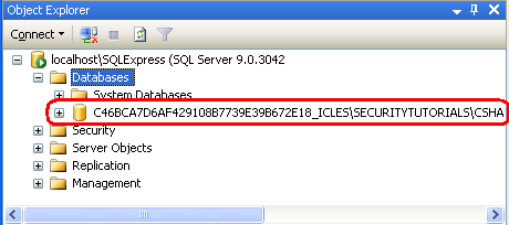 Databáze SecurityTutorials.mdf se zobrazí ve složce Databáze.