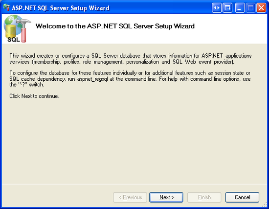 Přidání schématu členství pomocí průvodce instalací ASP.NET SQL Server