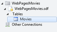 Pracovní prostor databáze WebMatrix se stromem otevřeným pro tabulku Movies
