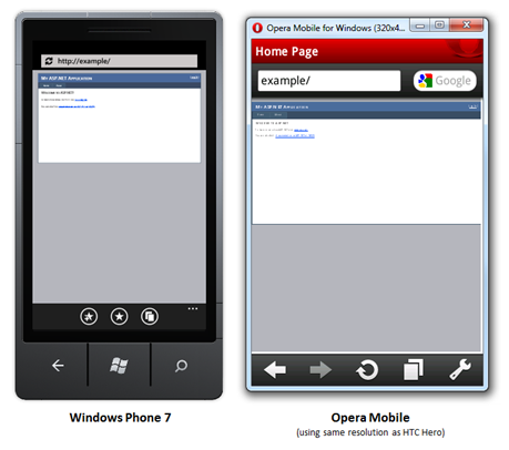 Snímek obrazovky se dvěma Web Forms aplikacemi zobrazenými v Windows Phone 7 a Opera Mobile