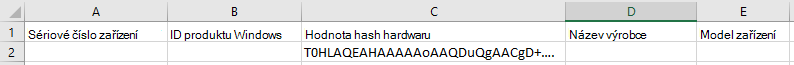 Snímek obrazovky se souborem CSV v Excelu a hodnotou hash ve sloupci Hardwarová hodnota hash