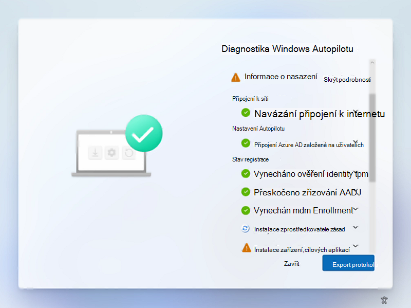 Stránka diagnostiky Windows Autopilotu se rozbalila a zobrazila podrobnosti.