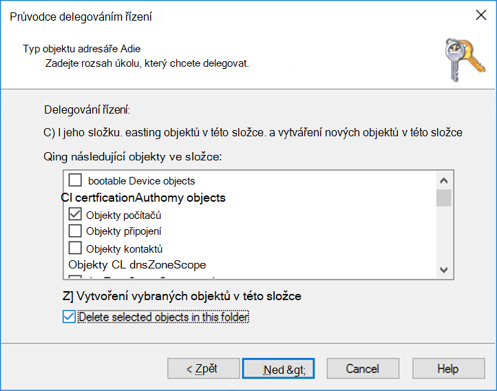 Snímek obrazovky s podoknem Typ objektu služby Active Directory