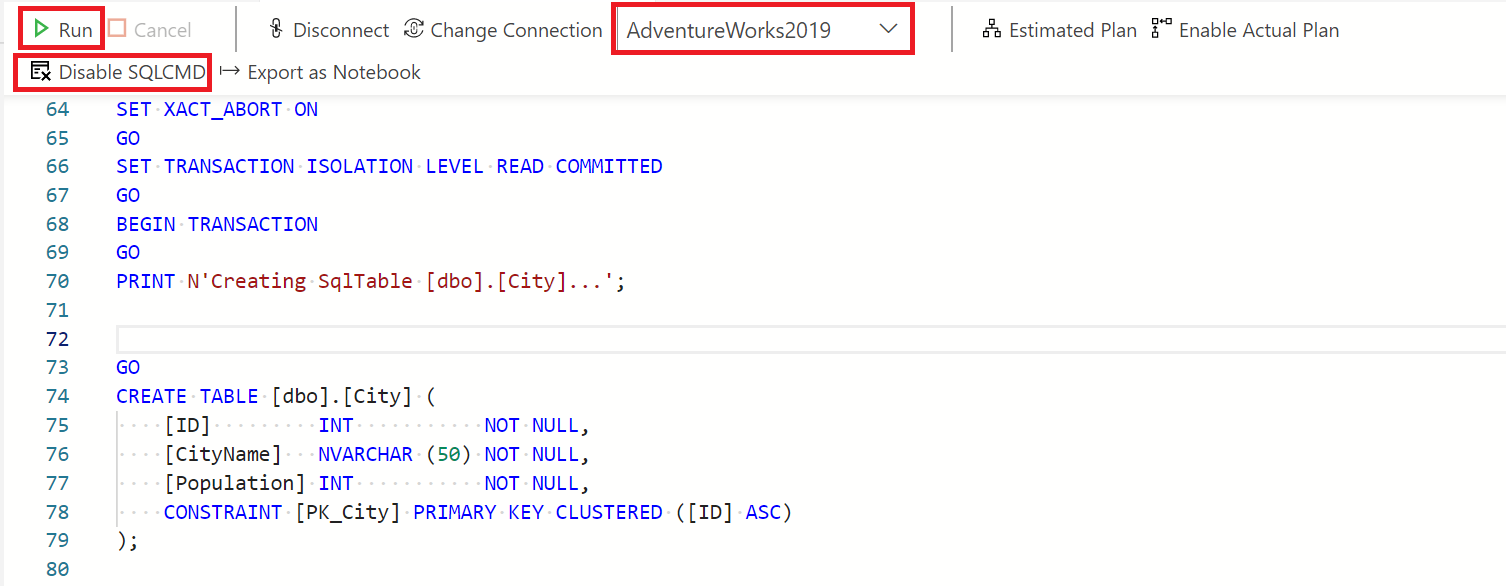 Screenshot of Table Designer showing how to publish changes to the database in the Query Editor using the SQL CMD option.