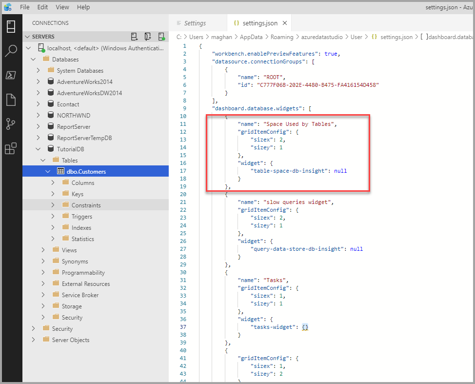 Snímek obrazovky se souborem settings.json s prvním objektem pole dashboard.database.widgets