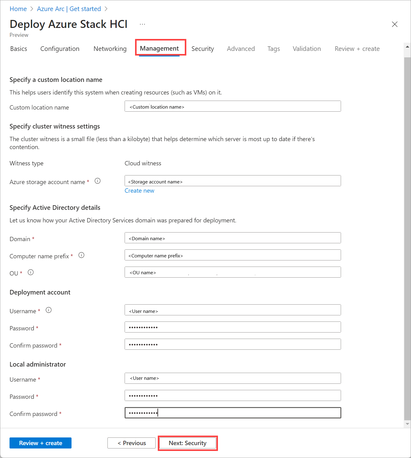 Snímek obrazovky s kartou Správa v nasazení prostřednictvím webu Azure Portal