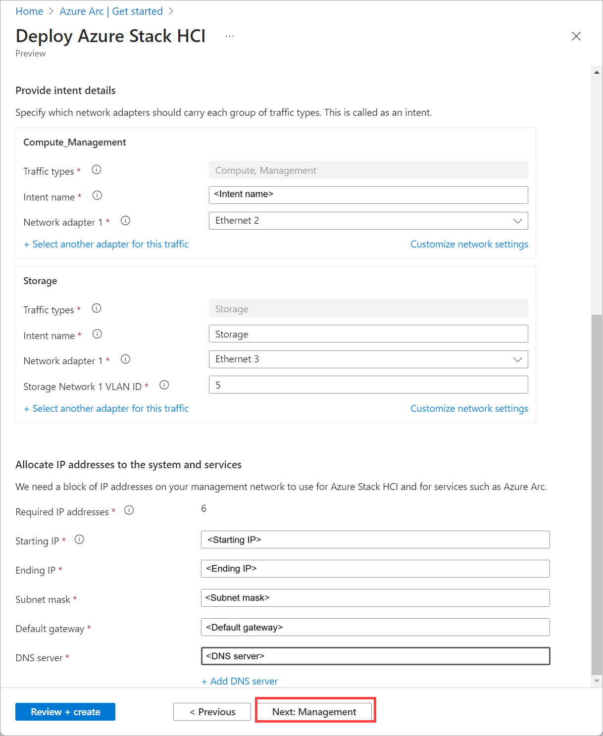 Snímek obrazovky s kartou Sítě s přidělováním IP adres systémům a službám v nasazení prostřednictvím webu Azure Portal
