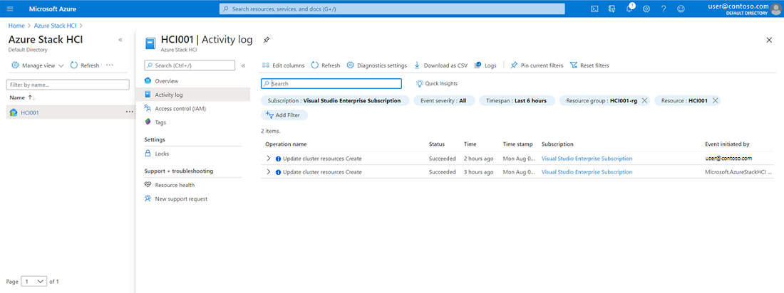 Obrazovka protokolu aktivit pro prostředek Azure Stack HCI na Azure Portal