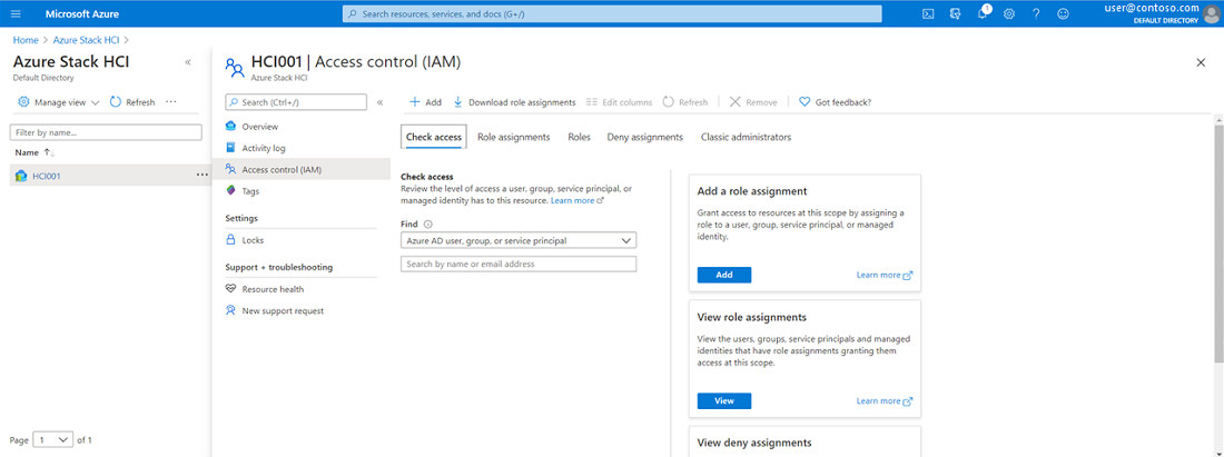 Obrazovka řízení přístupu k prostředku Azure Stack HCI na Azure Portal