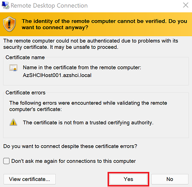 Přijměte upozornění na důvěryhodnost certifikátu RDP.