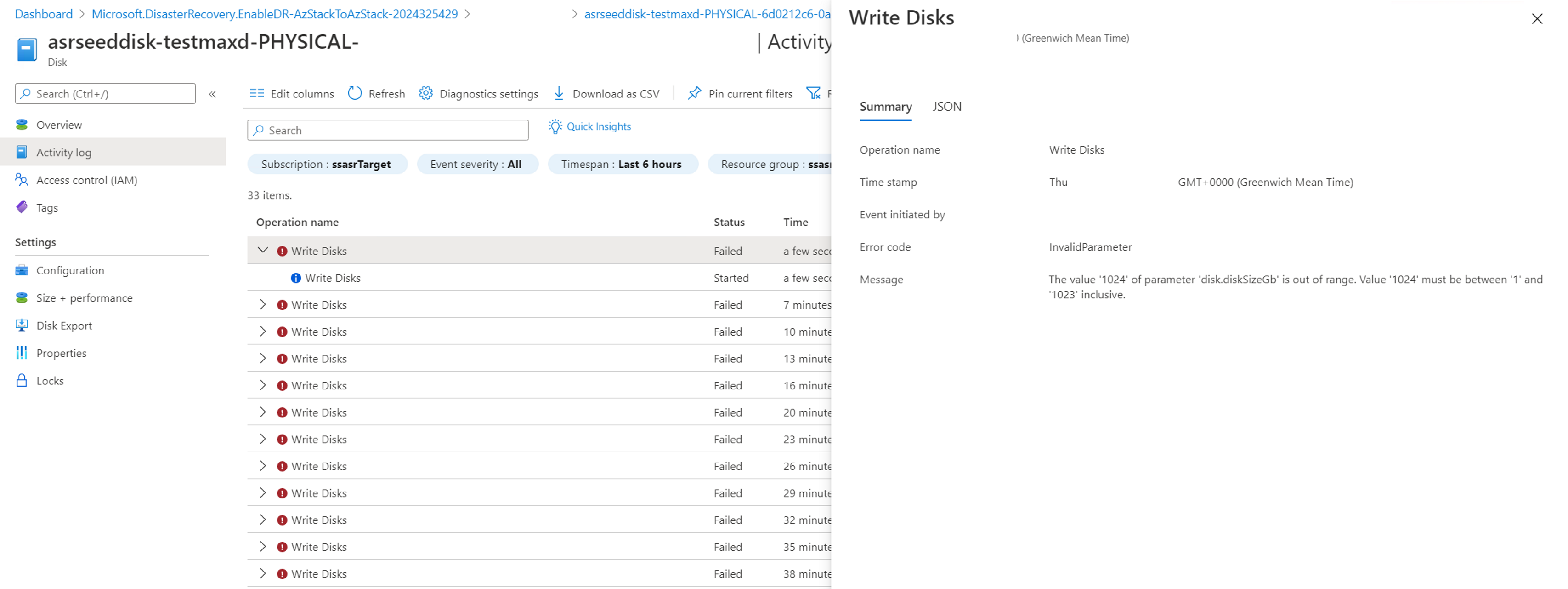 Snímek obrazovky webu Azure Portal znázorňující chyby při zápisu na disk