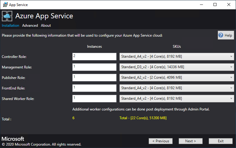 Snímek obrazovky znázorňující obrazovku, na které zadáte počet instancí rolí a odpovídající skladovou položku výpočetních prostředků v instalačním programu App Service