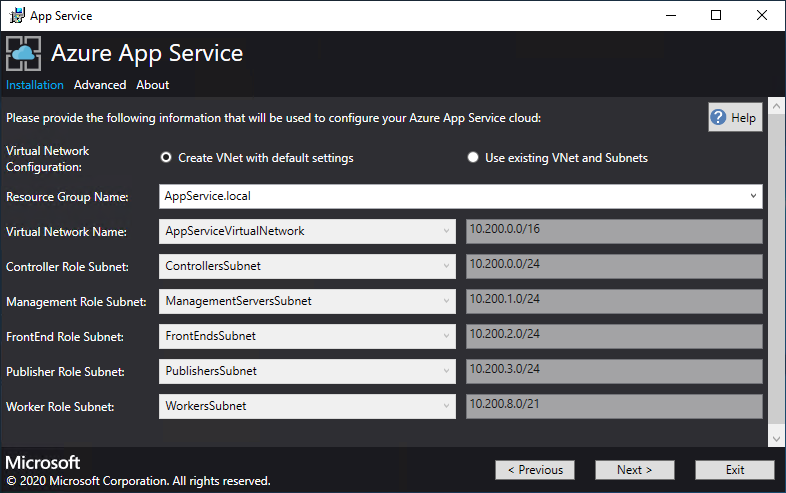 Snímek obrazovky znázorňující obrazovku, na které konfigurujete virtuální síť v instalačním programu App Service