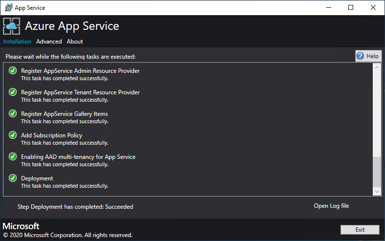 Snímek obrazovky znázorňující průběh nasazení provedený instalačním programem služby App Service