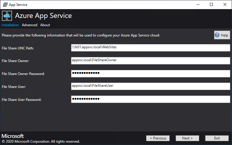 Snímek obrazovky znázorňující obrazovku, na které konfigurujete cesty k souborovém serveru a přihlašovací údaje v instalačním programu služby App Service
