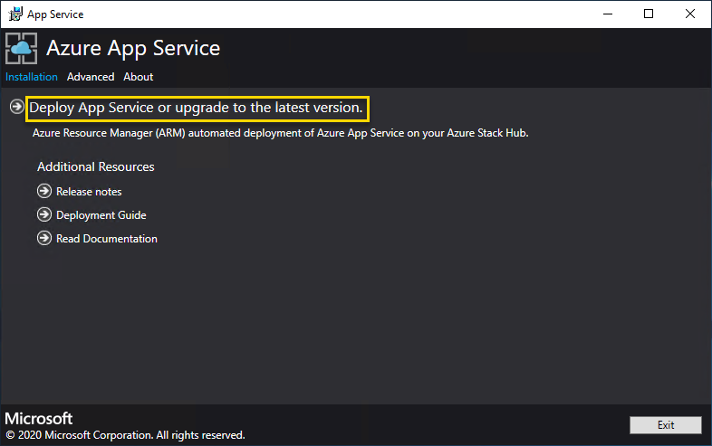 Snímek obrazovky s hlavní obrazovkou instalačního programu Azure App Service