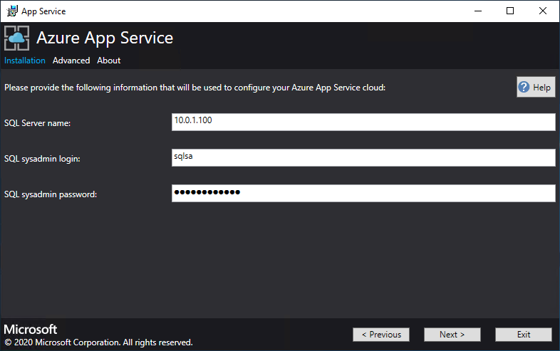 Snímek obrazovky znázorňující obrazovku, kde zadáte podrobnosti o připojení k SQL Serveru v Instalačním programu služby App Service