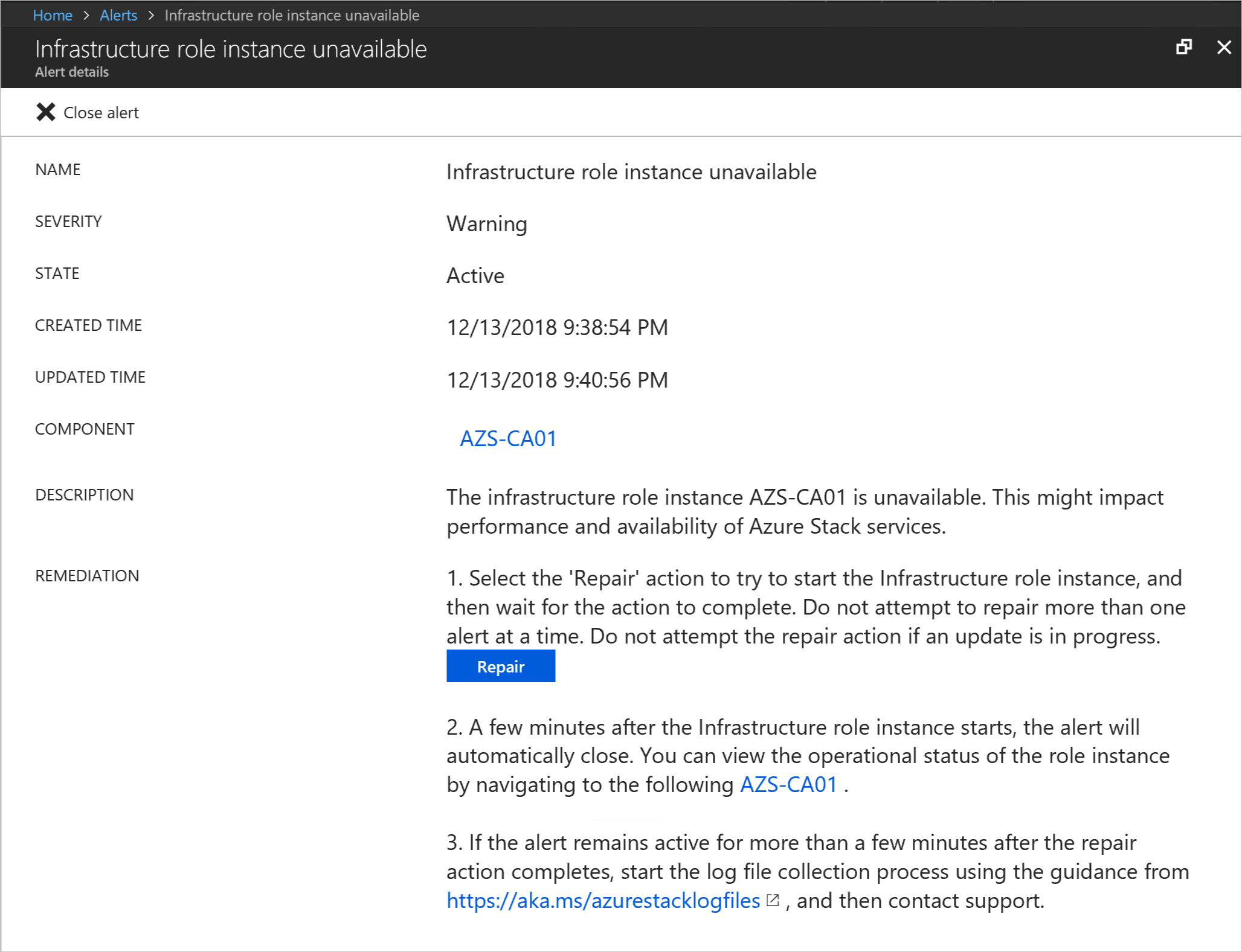 Okno Podrobnosti výstrahy na portálu pro správu služby Azure Stack Hub