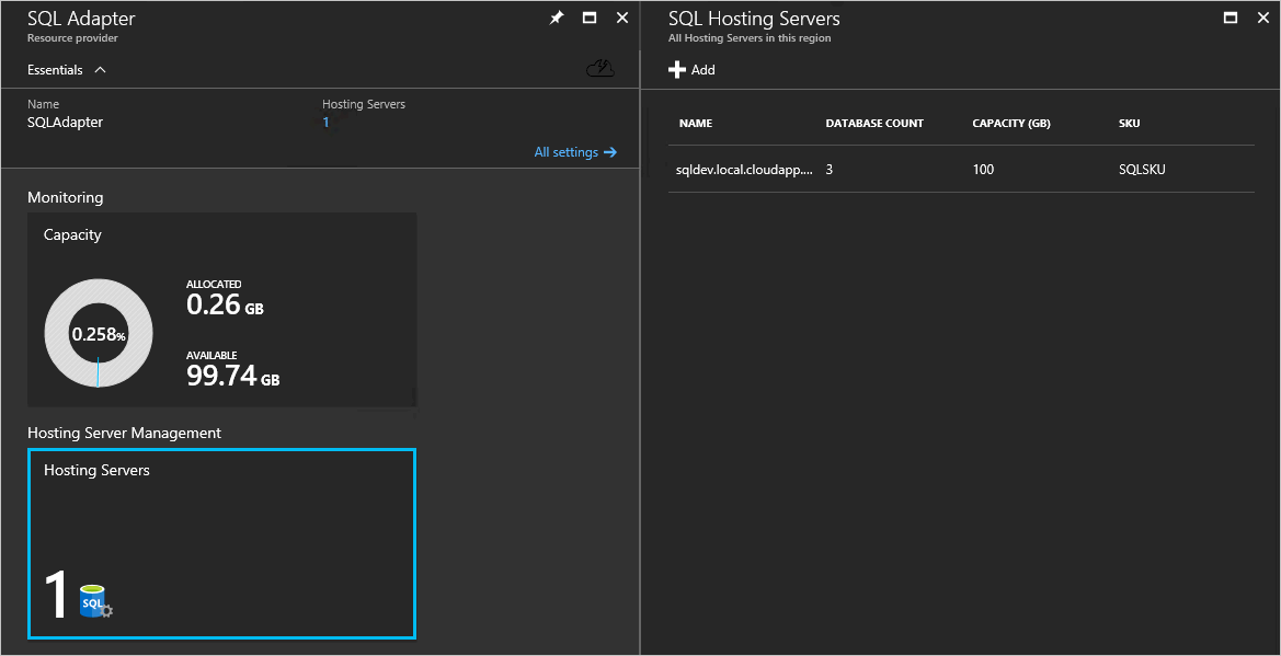 Řídicí panel ADAPTÉR SQL na portálu pro správu služby Azure Stack Hub