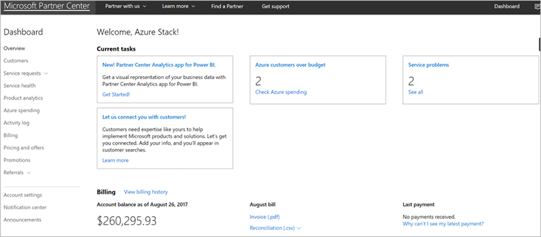 Zobrazení dat o fakturaci a využití služby Azure Stack Hub v Partnerském centru Microsoftu