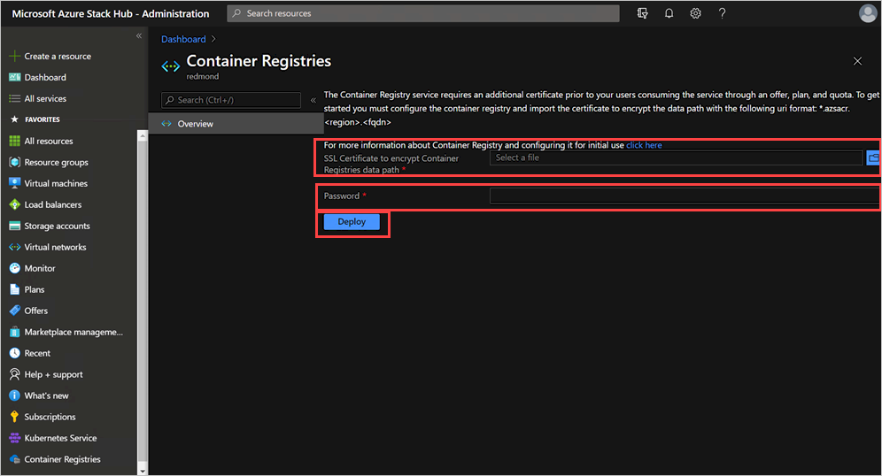Získejte registr kontejnerů služby Azure Stack Hub.