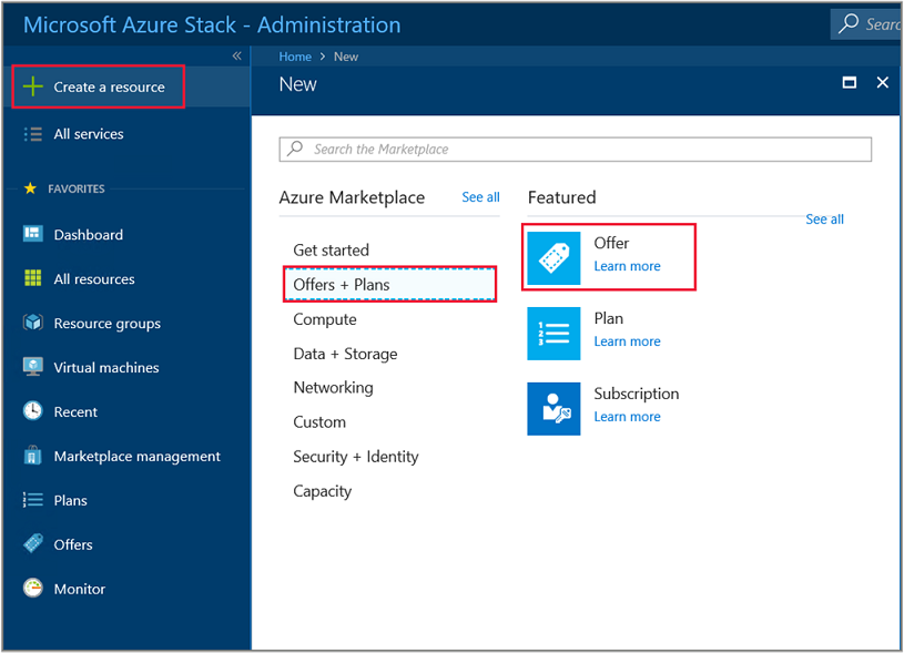 Snímek obrazovky, který ukazuje, jak vytvořit novou nabídku na portálu pro správu služby Azure Stack Hub