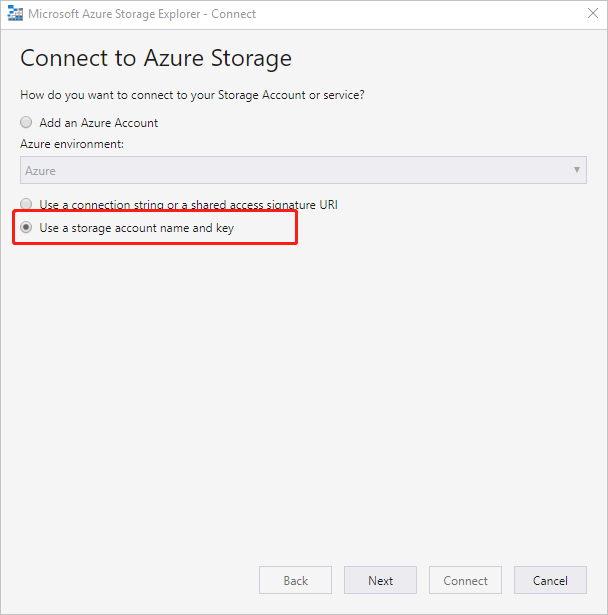 Přidání účtu – Připojení ke službě Azure Storage