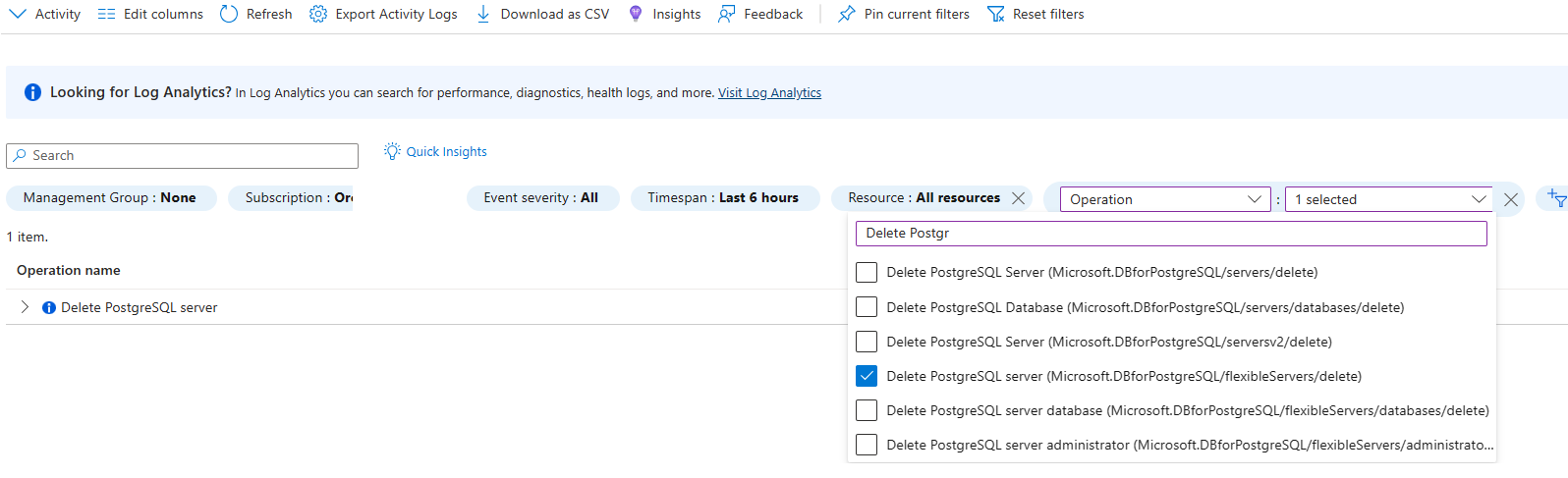 Snímek obrazovky zobrazující protokol aktivit filtrovaný pro operaci odstranění serveru PostgreSQL