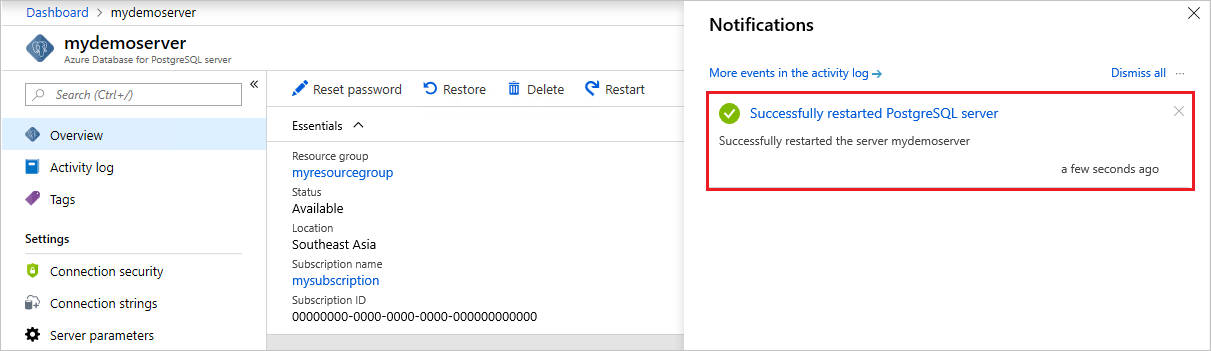 Azure Database for PostgreSQL – Úspěšné restartování