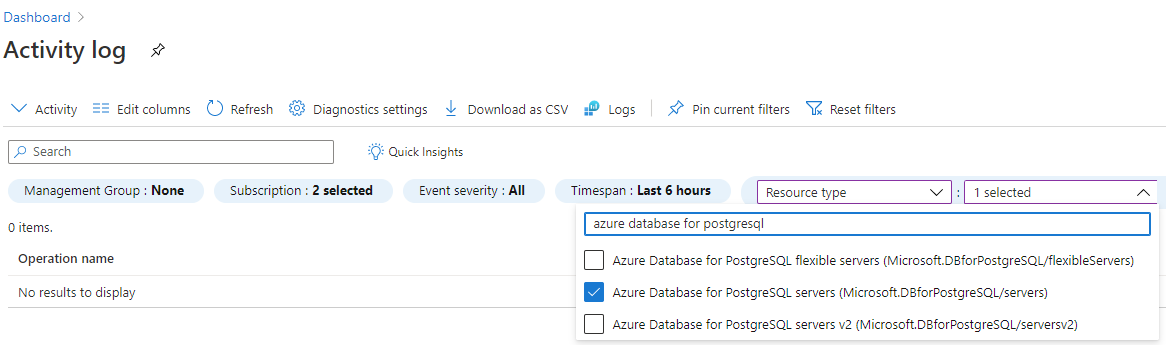 Protokol aktivit filtrovaný pro operaci odstranění serveru PostgreSQL