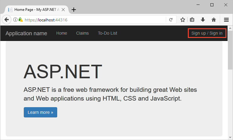 Snímek obrazovky znázorňující ukázkovou ASP.NET webovou aplikaci v prohlížeči se zvýrazněným odkazem pro registraci nebo přihlášení