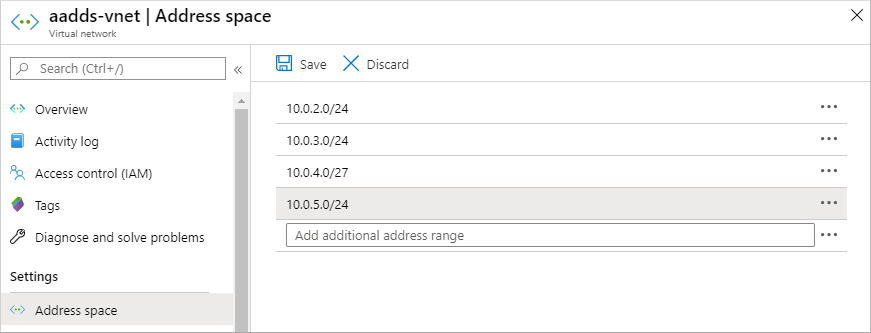 Do Azure Portal přidejte další rozsah IP adres virtuální sítě.