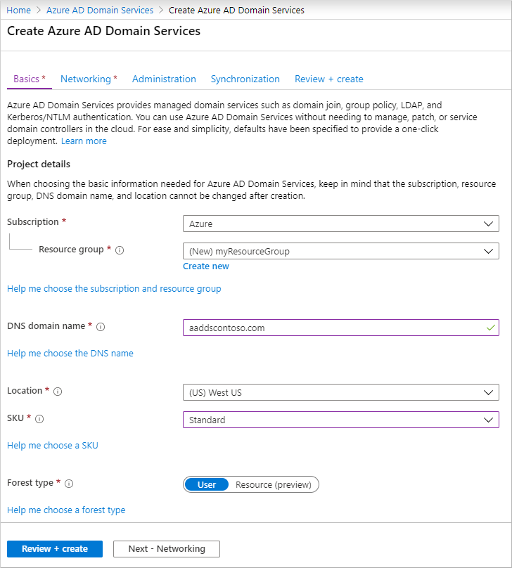 Konfigurace základního nastavení pro spravovanou doménu služby Azure AD Domain Services