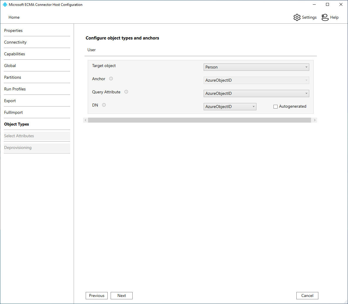 Screenshot of the object types screen.