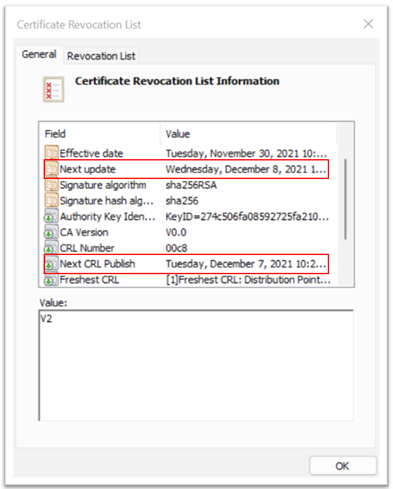 Snímek obrazovky s odvolaný certifikát uživatele v seznamu CRL