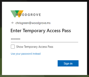 Screenshot of how to enter a Temporary Access Pass.
