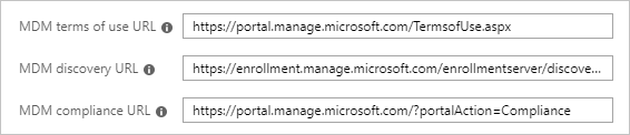 Snímek obrazovky části konfiguračního oddílu Microsoft Entra M D M s poli U R L pro podmínky použití, zjišťování a dodržování předpisů M M