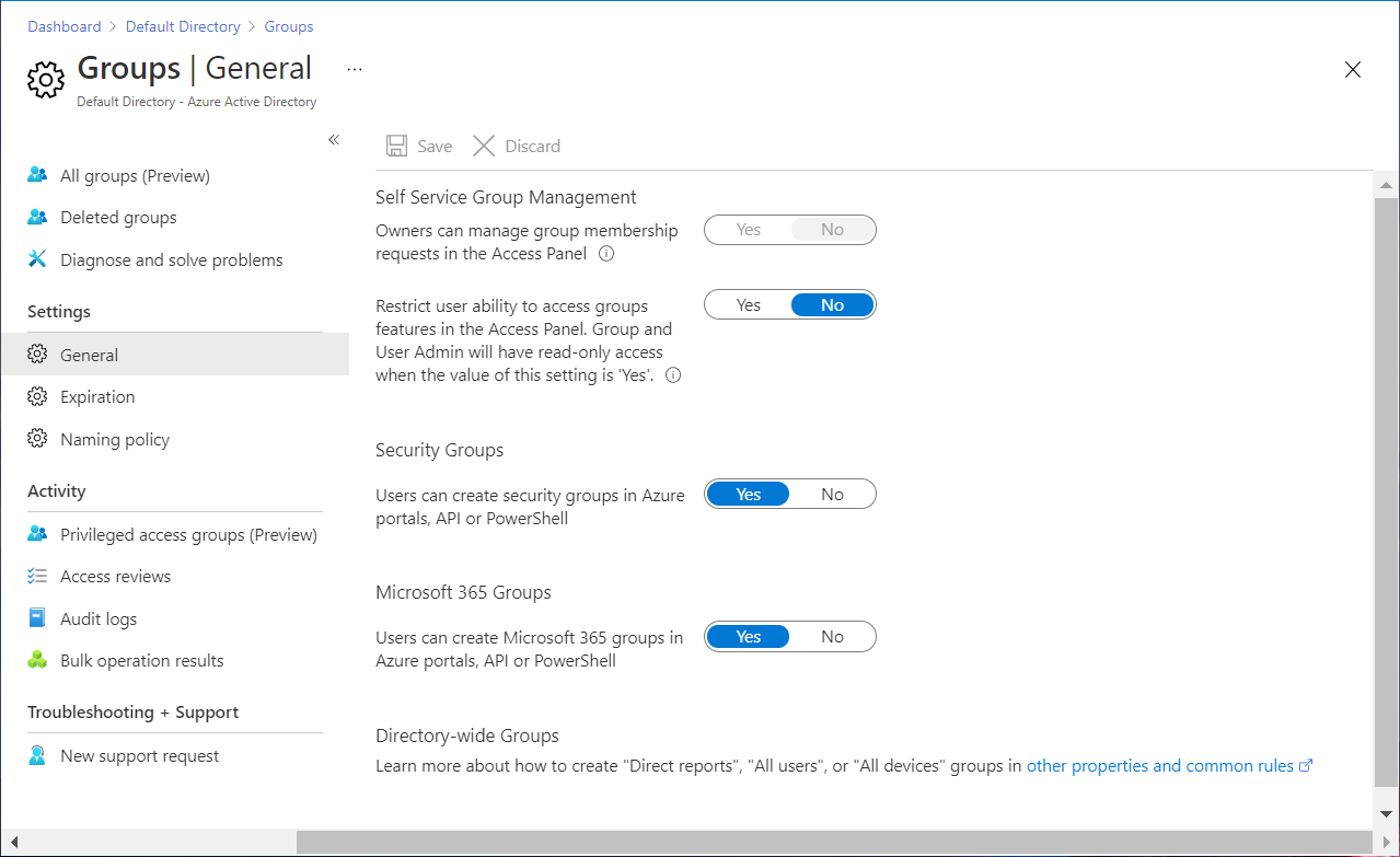 Screenshot that shows Microsoft Entra groups General settings.