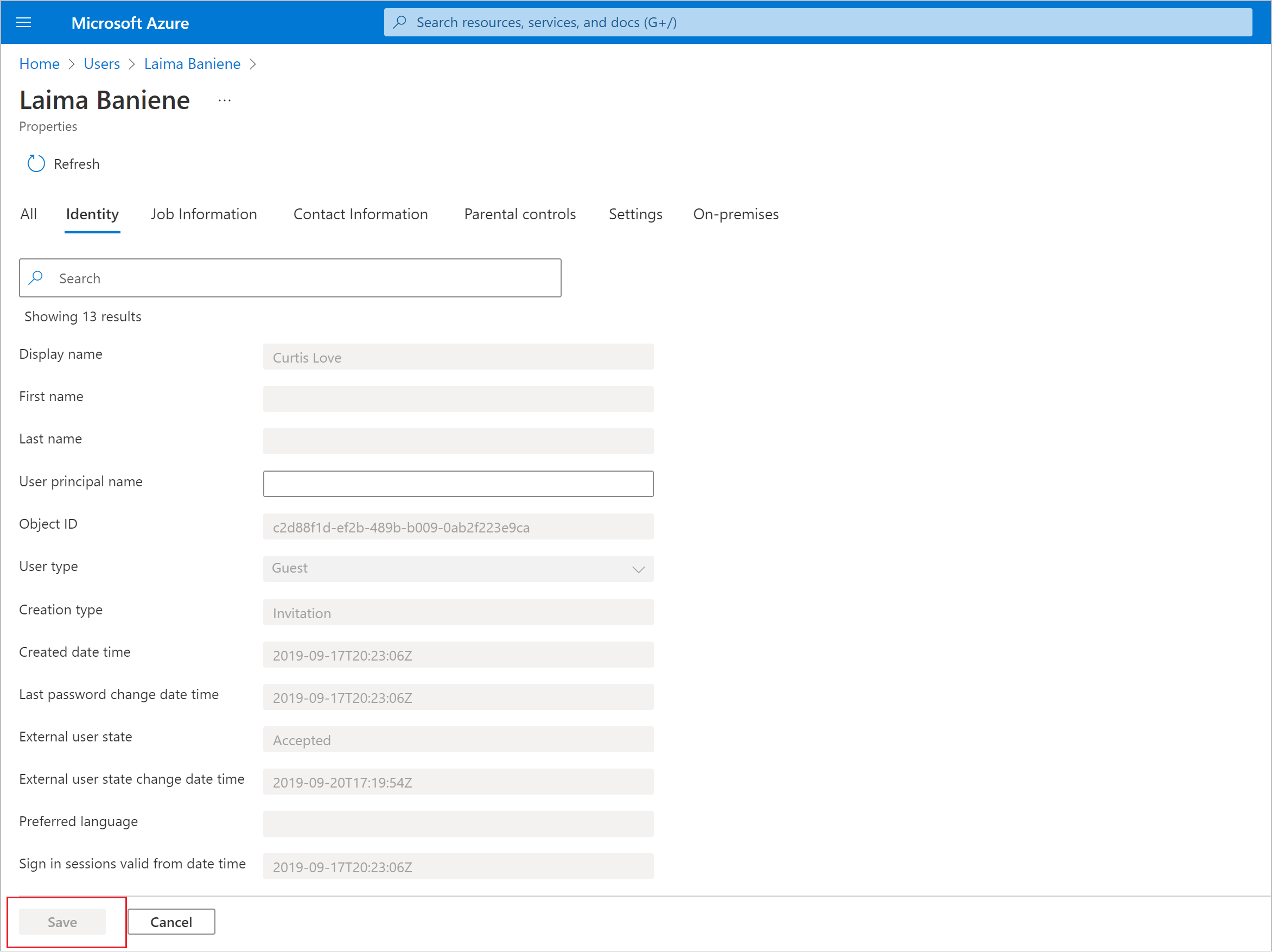 Screenshot of user profile properties open for editing.