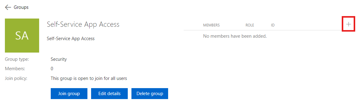Snímek obrazovky znázorňující symbol plus pro přidání členů do skupiny
