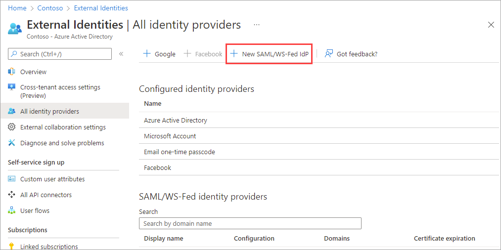 Snímek obrazovky s tlačítkem pro přidání nového zprostředkovatele identity SAML nebo WS-Fed