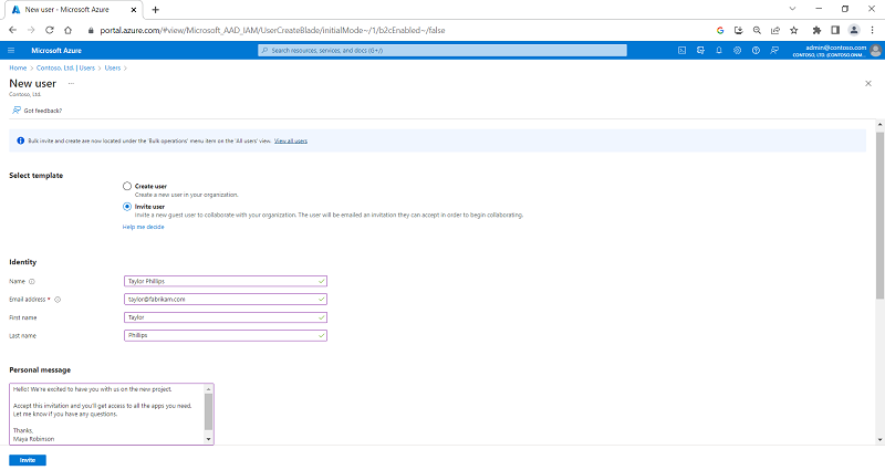 Snímek obrazovky zobrazující stránku Pozvat nového uživatele typu host s pozvánkou