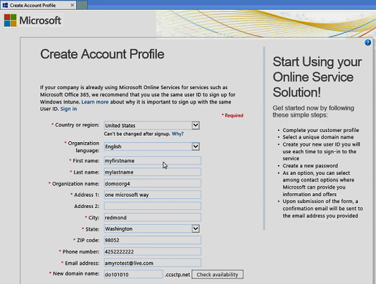 Snímek obrazovky se stránkou Vytvořit profil účtu s ukázkovými informacemi