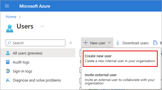 Snímek obrazovky s nabídkou vytvořit nového uživatele v Microsoft Entra ID