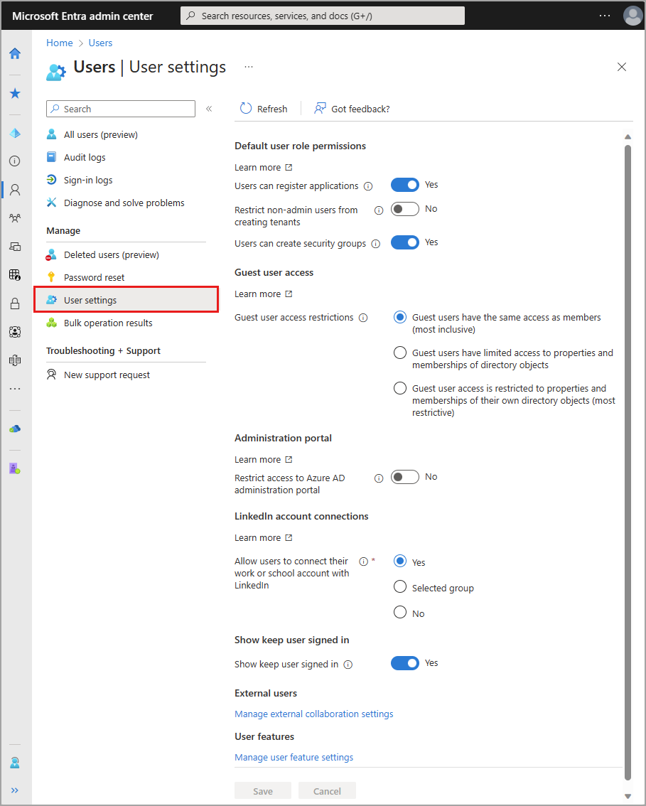 Snímek obrazovky s možnostmi uživatelského nastavení Microsoft Entra