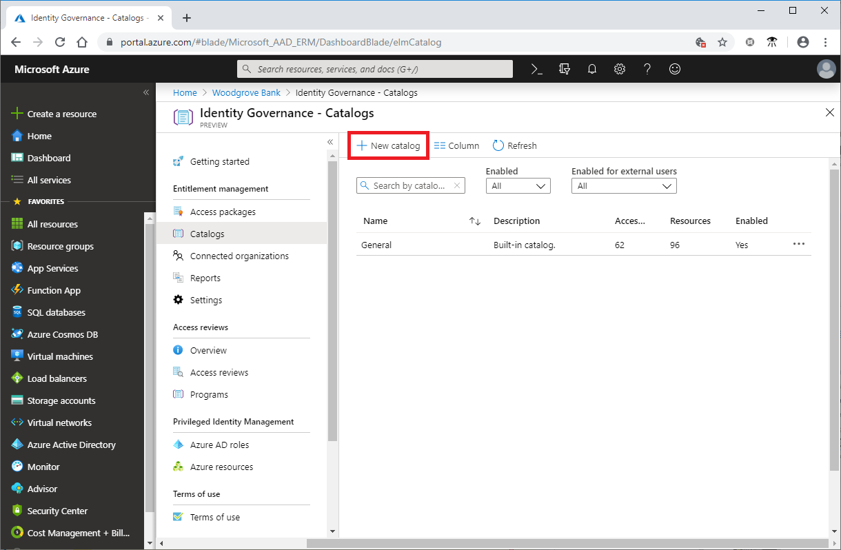 Snímek obrazovky znázorňující katalogy správy nároků v Centru pro správu Microsoft Entra